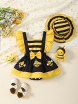 Baby's Cute Little Bee Print Triangle Bodysuit & Color Clash Hat Comfy Trendy Cap Sleeve Romper Dress Toddler & Infant Girl's On
