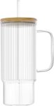 Glass Tumbler Cup Ribbed Clear 700ML With Bamboo Lid & Glass Straw 700 Ml Flask