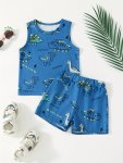 Baby Boys Cartoon Dino Pattern Outfit Sleeveless Vest & Shorts Set 2PCS Toddlers Casual Summer Outdoor Playwear