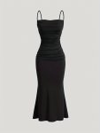 Ruched Spaghetti Strap Dress Elegant Sleeveless Cami Dress For Spring & Summer Women's Clothing