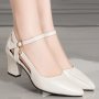 Women's Solid Color Chunky Heels Elegant Point Toe Dress Pumps Fashion Buckle Strap Heels