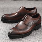 Men's Longwing Brogue Top Grain Cow Leather Derby Shoes Casual Comfortable Slip On Shoes For Business Office