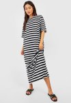 Oversized Striped T-Shirt Maxi Dress - Black