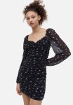 Gathered Mesh Dress - Black Floral