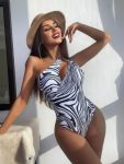Zebra Stripe One Shoulder Swimsuit - Small