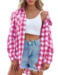 Zeagoo Womens Pink Plaid Shirt Roll Up Sleeve Casual Boyfriend Button Down Flannel Shirts Rose Small