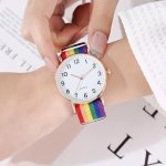 Casual Round Pointer Quart Watch Fashion Canvas Rainbow Striped Wristwatch For Women Men