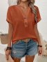 Waffle Button V Neck T-Shirt Casual Short Sleeve Top For Spring & Summer Women's Clothing