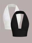 Textured 2 Packs Halter Tops Casual Solid Color Sleeveless Top For Summer Women's Clothing
