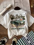 Retro Car Print Crew Neck T-Shirt Short Sleeve Casual Top For Summer & Spring Women's Clothing