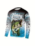 Men's Fish Print Sun Protection Shirt Active Long Sleeve Crew Neck Rash Guard For Fishing Hiking Outdoor