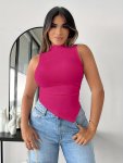 Solid Asymmetrical Hem Tank Top Sexy Mock Neck Sleeveless Slim Tank Top For Summer Women's Clothing