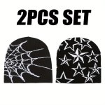 2-PIECE Set Hip Hop Beanie Caps - Unisex Y2K Fashion Knit Hats With Spider Web & Star Jacquard Design Elastic Acrylic Thermal Sk