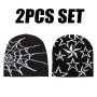 2-Piece Set Hip Hop Beanie Caps - Unisex Y2K Fashion Knit Hats With Spider Web & Star Jacquard Design Elastic Acrylic Thermal Skullies For