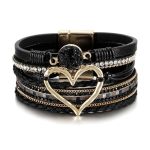 Leopard Bracelet For Women Boho Leather Wrap Multi-layer Pearl Crystal Bracelet Bangle Jewelry Heart Leather Black