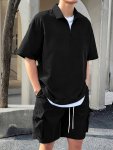 Chic Design Men's 2-PACK Co Ord Set Of Solid T-Shirt And Cargo Shorts Short Sleeve And Zippered Henley Neck Lapel Tee And Cargo 