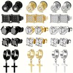 5PAIRS Men's Stainless Steel Earrings Cross Pendant Earrings Men's Cubic Zirconia Stud Earrings