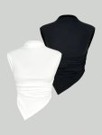 2-PACK Solid Color Mock Neck Tank Top Casual Sleeveless Irregular Hem Top For Spring & Summer Women's Clothing