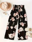 Plus Size Floral Print Wide Leg Pants Casual Shirred Elastic Waist Pants For Spring & Summer Women's Plus Size Clothing