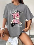 Bear Print Drop Shoulder T-Shirt Short Sleeve Crew Neck Casual Top For Spring & Summer Women's Clothing