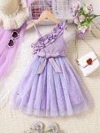 Charming Girls Sleeveless Slant Shoulder Design Party Dress With Mesh Sequins Pleated Tulle & Belt