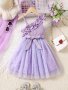 Charming Girls Sleeveless Slant Shoulder Design Party Dress With Mesh Sequins Pleated Tulle & Belt