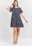 Short Sleeves Printed Smock Dress - Navy