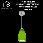 Satin Chrome Pendant Light Fitting With Green Glass - 60W Ses
