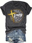 Cross & Pray Print Crew Neck T-Shirt Casual Short Sleeve Top For Spring & Summer Women's Clothing