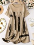 Plus Size Brush Print Dress Elegant Crew Neck Short Sleeve Dress Women's Plus Size Clothing