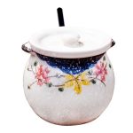 Whitenesser Japanese Ceramic Sugar Bowl With Lid And Spoon - 10.1OZ 300ML Double Handle Sugar Jar With Snowflake Glaze - Porcela