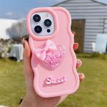 Cute Wavy Frame Macaron Color Quicksand Heart Bow Know Phone Case For Iphone 15 14 13 12 11 Pro Max Plu Sweet Girl Soft