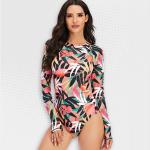 Women's Peach Fronds Long Sleeve Zip Swimwear - XL