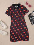 Contrast Collar Hearts Print Girls Bodycon Dress Breathable Comfy Short Sleeve Sliim Dress Valentine's Day Girls Clothing Gift