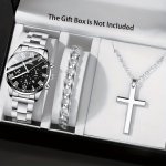 Avant-garde Men's Watch Set: Fashion Sports Quartz Wristwatch With Calendar Silver Cross Pendant Necklace & Chain Set Non-waterp
