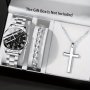 Avant-garde Men's Watch Set: Fashion Sports Quartz Wristwatch With Calendar Silver Cross Pendant Necklace & Chain Set Non-waterproof Zinc Alloy Case Stainless Steel Strap