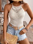 Casual Crochet Lace Halter Top Vest For Women - Polyester Knit Fabric With Spandex Solid Color Sleeveless Shirt With Contrast La