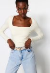 Cotton Flexible Square Collar Fitted Skinned Knitted Blouse - Stone