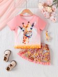 Cute Giraffe Print Girl's 2PCS Short Sleeve Graphic Top + Animal Print Shorts Set Trendy 2-PIECE Summer Outfit