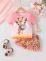 Cute Giraffe Print Girl's 2PCS Short Sleeve Graphic Top + Animal Print Shorts Set Trendy 2-piece Summer Outfit
