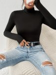 Solid Color Mock Neck T-Shirt Versatile Long Sleeve T-Shirt For Spring & Fall Women's Clothing