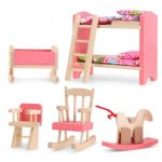 Joinpaya Wooden Dollhouse Bedroom Furniture: Doll Bunk Bed Rocking Horse Chair Diy 1:12 Scale Miniature Doll House Decoration Ac