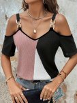 Color Block Cold Shoulder T-Shirt Elegant Short Sleeve T-Shirt For Spring & Summer Women's Clothing