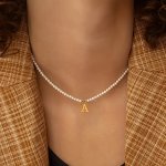 Golden Letter Full Faux Pearl Decor Choker Necklace Cute Elegant Style 18K Gold Plated Jewelry Gift For Friends