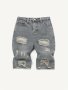 Boys' Blue Ripped Denim Shorts Mid-waist Distressed Frayed Hem Casual Style Knee-length Jean Shorts