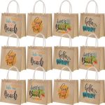 Sweetude 12 Pcs Beach Bag For Women Burlap Tote Beach Containers With Handles Reusable Waterproof Cute Jute Straw Tote Crafts Gr