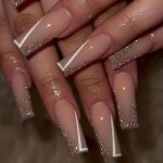 24PCS Medium Long French Tip Press On Nails White Line Glitter Nude Pink Fake Nails Design Square Coffin False Nails Full Cover