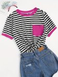 Stripes Print Crew Neck T-Shirt Casual Short Sleeve With Pocket T-Shirt For Spring & Summer Women's Clothing