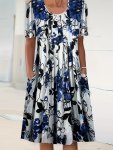 Plus Size Casual Dress Women's Plus Floral Print Short Sleeve Round Neck Dress Pleated With Pockets