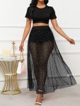 Stylish Matching Three-piece Skirt Set Short Sleeve Crop Top & Skinny Shorts & A-line Illusion Beaded Skirt Outfits Women's Clot